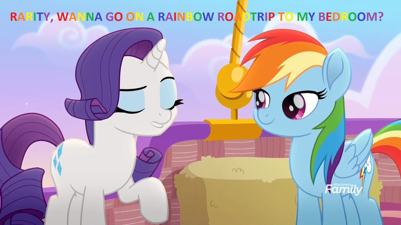 Size: 1920x1080 | Tagged: safe, derpibooru import, edit, edited screencap, screencap, rainbow dash, rarity, pegasus, pony, unicorn, rainbow roadtrip, caption, dialogue, discovery family logo, female, hot air balloon, image macro, lesbian, lidded eyes, mare, raridash, shipping, text