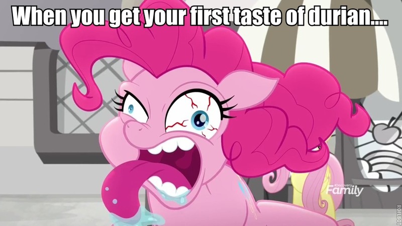 Size: 960x540 | Tagged: safe, derpibooru import, edit, edited screencap, screencap, fluttershy, pinkie pie, rainbow roadtrip, caption, discovery family logo, drool, durian, faic, food, image macro, solo focus, terrorize, text, tongue out