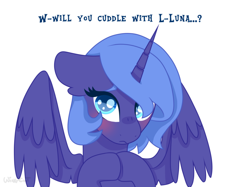 Size: 2500x2000 | Tagged: safe, artist:wingcut, derpibooru import, princess luna, alicorn, pony, blushing, bronybait, cute, dialogue, ear fluff, female, filly, floppy ears, horn, hug request, looking at you, lunabetes, s1 luna, short hair, shy, simple background, solo, text, transparent background, wings, woona, younger