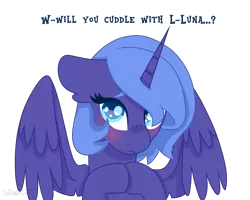 Size: 2500x2000 | Tagged: safe, artist:wingcut, derpibooru import, princess luna, alicorn, pony, blushing, bronybait, cute, dialogue, ear fluff, female, filly, floppy ears, horn, hug request, looking at you, lunabetes, s1 luna, short hair, shy, simple background, solo, text, transparent background, wings, woona, younger