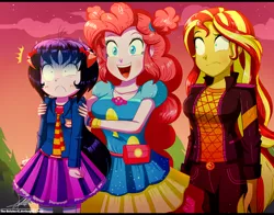 Size: 1560x1220 | Tagged: safe, artist:the-butch-x, derpibooru import, pinkie pie, sunset shimmer, oc, oc:cassey, equestria girls, equestria girls series, sunset's backstage pass!, spoiler:eqg series (season 2), blushing, female, geode of empathy, geode of sugar bombs, image, magical geodes, music festival outfit, png, shocked expression, shrunken pupils, surprised