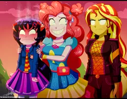 Size: 1560x1220 | Tagged: safe, alternate version, artist:the-butch-x, derpibooru import, pinkie pie, sunset shimmer, oc, oc:cassey, equestria girls, equestria girls series, sunset's backstage pass!, spoiler:eqg series (season 2), angry, geode of empathy, geode of sugar bombs, grin, image, imminent beatdown, magical geodes, music festival outfit, nervous, nervous grin, png, shrunken pupils, smiling, sunset shimmer is not amused, sweat, sweatdrop, this will not end well, unamused