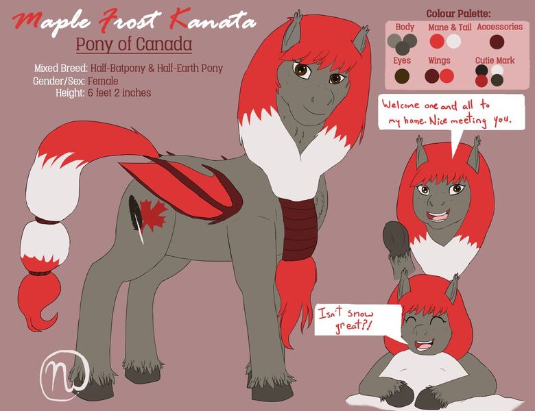 Size: 1280x985 | Tagged: safe, artist:azurllinate, derpibooru import, oc, oc:maple frost kanata, unofficial characters only, pony, accessories, canada, canada pony, canadian, cloven hooves, colored, ear fluff, female, flat colors, half-bat pony, half-earth pony, mixed breed, patriotic, red mane, reference sheet, snow, speech, speech bubble, talking, tall, two toned mane, two toned wings, waving, white mane, wings