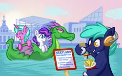 Size: 2048x1280 | Tagged: safe, artist:transformartive, derpibooru import, oc, dragon, pony, bronycon, baltimore, maryland, mascot, ponies riding dragons, riding, united states, water