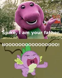 Size: 500x625 | Tagged: a dog and pony show, barney the dinosaur, caption, creepy, derpibooru import, dragon, edit, edited screencap, exploitable meme, i am your father, image macro, irl, male, meme, nightmare fuel, noooooooo, nope, nope nope nope nope nope nope, open mouth, photo, safe, screencap, so much nope, spike, star wars, terrifying, text, wat