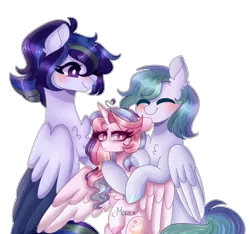 Size: 1280x1197 | Tagged: safe, artist:moon-rose-rosie, derpibooru import, oc, oc:astral breeze, oc:celestial moon, oc:sparkle dash, unofficial characters only, alicorn, pegasus, pony, female, interdimensional siblings, magical lesbian spawn, male, mare, offspring, parent:rainbow dash, parent:twilight sparkle, parents:twidash, stallion