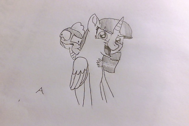 Size: 640x426 | Tagged: safe, artist:chameleon_breeze, derpibooru import, spike, twilight sparkle, twilight sparkle (alicorn), alicorn, dragon, pony, balto, cute, faic, monochrome, signature, traditional art, twiabetes