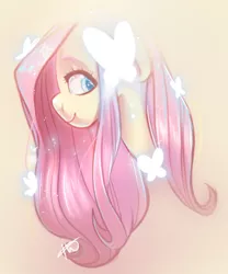 Size: 312x375 | Tagged: safe, artist:rosytwist, derpibooru import, fluttershy, butterfly, pony, bust, colored pupils, cute, female, looking at you, looking sideways, mare, pink background, portrait, profile, shyabetes, simple background, smiling, solo