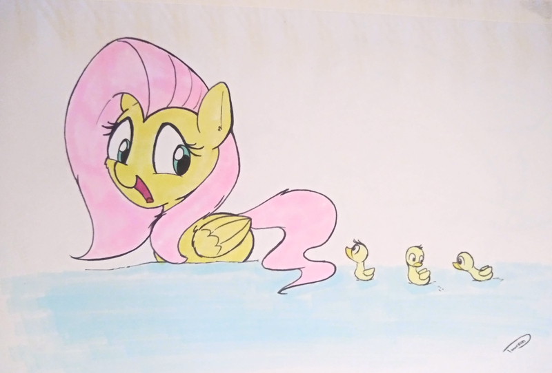 Size: 4008x2716 | Tagged: safe, artist:taurson, derpibooru import, fluttershy, pegasus, pony, behaving like a duck, duckling, female, flutterduck, fluttermom, folded wings, looking at someone, looking back, mare, open mouth, pegaduck, smiling, swimming, traditional art, water, wings