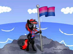 Size: 1024x759 | Tagged: safe, artist:sorasleafeon, derpibooru import, oc, oc:shadow sora, pony, unicorn, bisexual, bisexual pride flag, blue sky, cliff, clothes, cloud, flag, flagpole, happiness, holding, horn, male, original character do not steal, pride, pride flag, pride month, scarf, seaside, smiling, solo, standing, unicorn oc, water