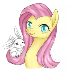 Size: 963x1000 | Tagged: safe, artist:sweetbloodmeow, derpibooru import, angel bunny, fluttershy, pony, rabbit, animal, bust, duo, female, male, mare, simple background, white background