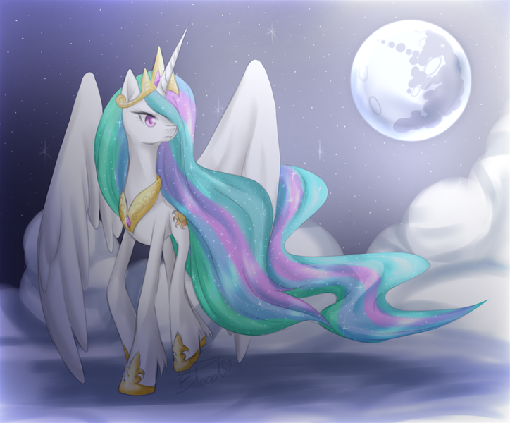 Size: 1207x1000 | Tagged: safe, artist:sweetbloodmeow, derpibooru import, princess celestia, alicorn, pony, female, full moon, hair over one eye, head turn, mare, mare in the moon, moon, night, solo, spread wings, three quarter view, wings