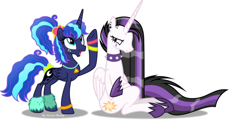 Size: 1281x672 | Tagged: safe, artist:vector-brony, derpibooru import, princess celestia, princess luna, alicorn, pony, between dark and dawn, 80s princess luna, alternate hairstyle, barehoof, celestia is not amused, choker, cute, duo, face paint, female, folded wings, glare, hoof shoes, jewelry, looking up, mare, necklace, punklestia, raised hoof, royal sisters, siblings, simple background, sisters, transparent background, unamused, vector, wings