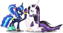 Size: 1281x672 | Tagged: safe, artist:vector-brony, derpibooru import, princess celestia, princess luna, alicorn, pony, between dark and dawn, 80s princess luna, alternate hairstyle, barehoof, celestia is not amused, choker, cute, duo, face paint, female, folded wings, glare, hoof shoes, jewelry, looking up, mare, necklace, punklestia, raised hoof, royal sisters, siblings, simple background, sisters, transparent background, unamused, vector, wings