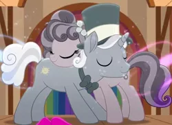 Size: 1002x729 | Tagged: safe, derpibooru import, screencap, petunia petals, sunny skies, earth pony, pony, unicorn, rainbow roadtrip, bowtie, cropped, eyes closed, female, flower, flower in hair, hat, hug, love, male, mare, marriage proposal, petuniasky, shipping, smiling, stallion, straight