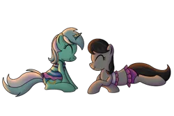 Size: 1500x1000 | Tagged: safe, artist:cappie, derpibooru import, lyra heartstrings, octavia melody, ponified, earth pony, pony, unicorn, clothes, cute, equestria girls outfit, eyes closed, female, lying down, lyrabetes, mare, simple background, smiling, sunlight, sunset, swimsuit, tavibetes, transparent background