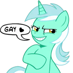 Size: 600x600 | Tagged: safe, derpibooru import, edit, lyra heartstrings, pony, unicorn, dialogue, evil grin, ew gay, female, grin, heart, mare, meme, reaction image, simple background, smiling, solo, speech bubble, subverted meme, text, transparent background, yes gay