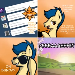 Size: 1026x1026 | Tagged: safe, artist:shadowkixx, derpibooru import, oc, oc:sunray smiles, earth pony, pony, ask sunray smiles, csi miami, solo, sunglasses