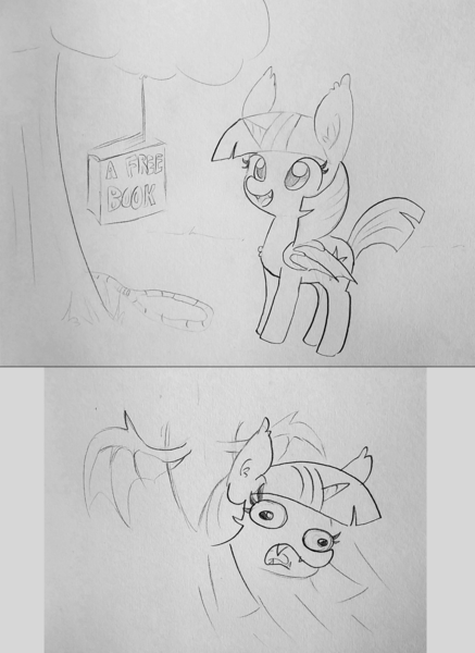 Size: 1700x2336 | Tagged: safe, artist:tjpones, derpibooru import, twilight sparkle, twilight sparkle (alicorn), alicorn, bat pony, bat pony alicorn, pony, 2 panel comic, bait, bat ponified, bat wings, book, comic, ear fluff, fangs, female, grayscale, horn, it's a trap, mare, monochrome, pencil drawing, race swap, simple background, solo, that pony sure does love books, traditional art, trap (device), twibat, wings