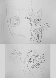 Size: 1700x2336 | Tagged: safe, artist:tjpones, derpibooru import, twilight sparkle, twilight sparkle (alicorn), alicorn, bat pony, bat pony alicorn, pony, 2 panel comic, bait, bat ponified, bat wings, book, comic, ear fluff, fangs, female, grayscale, horn, it's a trap, mare, monochrome, pencil drawing, race swap, simple background, solo, that pony sure does love books, traditional art, trap (device), twibat, wings