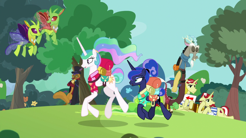 Size: 1920x1080 | Tagged: safe, derpibooru import, screencap, capper dapperpaws, discord, flam, flim, princess celestia, princess luna, smooze, abyssinian, alicorn, anthro, changedling, changeling, digitigrade anthro, draconequus, pony, unicorn, between dark and dawn, my little pony: the movie, anthro with ponies, female, flim flam brothers, lotta little things, male, mare, royal sisters, stallion, tree