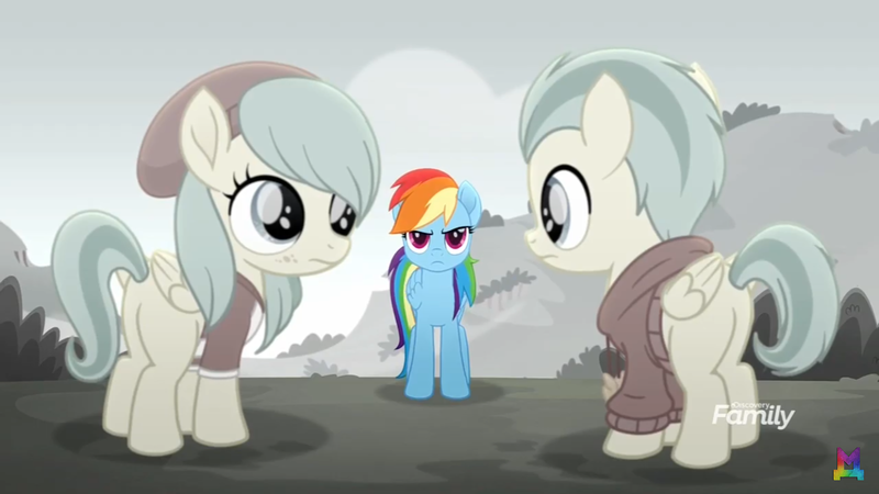 Size: 1334x750 | Tagged: safe, derpibooru import, screencap, barley barrel, pickle barrel, rainbow dash, pegasus, pony, rainbow roadtrip, barrel twins, brother and sister, butt, colt, female, filly, male, mare, plot, siblings, twins