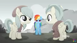 Size: 1334x750 | Tagged: safe, derpibooru import, screencap, barley barrel, pickle barrel, rainbow dash, pegasus, pony, rainbow roadtrip, barrel twins, brother and sister, butt, colt, female, filly, male, mare, plot, siblings, twins