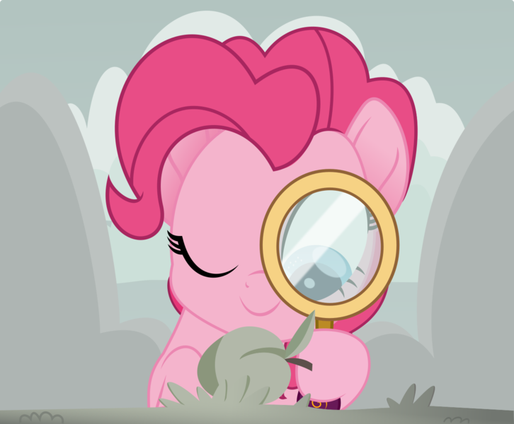 Size: 1346x1112 | Tagged: safe, artist:crystalmagic6, derpibooru import, pinkie pie, earth pony, pony, rainbow roadtrip, apricot, cloud, grass, magnifying glass, mountain, one eye closed, simple background, solo, wink