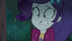 Size: 800x450 | Tagged: safe, derpibooru import, screencap, rarity, equestria girls, equestria girls series, inclement leather, spoiler:choose your own ending (season 2), spoiler:eqg series (season 2), animated, clothes, dripping, eye twitch, female, gif, inclement leather: twilight sparkle, jacket, marshmelodrama, rain, rarity being rarity, solo, tree, upset