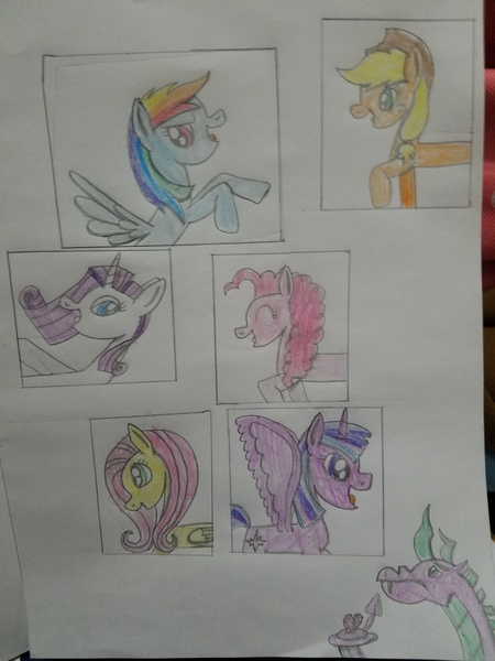 Size: 3024x4032 | Tagged: safe, artist:rainbow dash is best pony, derpibooru import, applejack, fluttershy, pinkie pie, rainbow dash, rarity, spike, twilight sparkle, twilight sparkle (alicorn), alicorn, dragon, earth pony, pegasus, pony, unicorn, adult, adult spike, colored in, colored pencil drawing, diamond, gem, heart, mane six, older, older spike, pencil drawing, pictures, spikezilla, spread wings, traditional art, wings