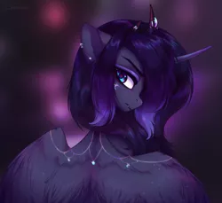 Size: 1877x1716 | Tagged: dead source, safe, artist:tomness, derpibooru import, princess luna, alicorn, pony, crown, curved horn, ear fluff, ear piercing, fangs, female, horn, jewelry, looking back, mare, moon, piercing, profile, regalia, solo, spread wings, wing fluff, wings