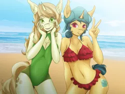 Size: 2592x1944 | Tagged: safe, artist:bryanspoty, derpibooru import, fresh coat, sweet biscuit, anthro, unicorn, beach, belly button, bikini, breasts, busty fresh coat, busty sweet biscuit, cap, clothes, duo, female, frilled swimsuit, hat, looking at you, mare, one-piece swimsuit, peace sign, swimsuit