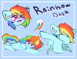 Size: 2600x2000 | Tagged: safe, artist:etoz, derpibooru import, part of a set, rainbow dash, pegasus, pony, :3, blushing, bust, chibi, cute, dab, dashabetes, eye clipping through hair, female, happy, mare, multeity, name, open mouth, rainbow dab, simple background, smiling, solo, text, wings