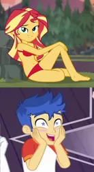 Size: 540x976 | Tagged: suggestive, derpibooru import, edit, edited screencap, editor:grapefruitface, screencap, flash sentry, sunset shimmer, equestria girls, equestria girls series, spring breakdown, wake up!, spoiler:eqg series (season 2), barefoot, belly button, bra, breasts, clothes, cropped, feet, female, flashimmer, looking at you, male, panties, red underwear, seductive look, seductive pose, sexy, shipping, smiling, solo, solo female, straight, underwear, underwear edit, wake up!: applejack