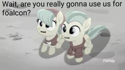 Size: 1080x607 | Tagged: suggestive, derpibooru import, edit, edited screencap, screencap, barley barrel, pickle barrel, pegasus, pony, rainbow roadtrip, barrel twins, beanie, brother and sister, colt, discovery family logo, female, filly, gray, hat, implied foalcon, looking up, male, question, shadow, siblings, teal mane, twins, yes