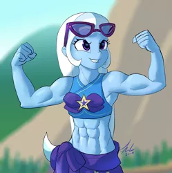 Size: 1088x1094 | Tagged: safe, artist:raikoh, derpibooru import, trixie, equestria girls, equestria girls series, forgotten friendship, abs, armpits, belly button, biceps, bikini, bikini top, clothes, flexing, grand and muscular trixie, midriff, misleading thumbnail, muscles, sarong, scene interpretation, solo, swimsuit