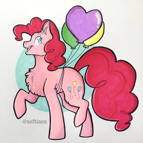 Size: 3024x3024 | Tagged: safe, artist:softinen, derpibooru import, pinkie pie, earth pony, pony, abstract background, balloon, chest fluff, ear fluff, fluffy, heart, heart balloon, marker drawing, open mouth, raised hoof, simple background, solo, traditional art