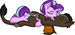 Size: 1146x544 | Tagged: safe, artist:zeka10000, derpibooru import, starlight glimmer, oc, oc:draco k-night blaze, dracony, dragon, hybrid, kirin, pony, unicorn, blank flank, canon x oc, claws, eyes closed, female, hug, kissing, lying, male, request, requested art, romantic, shipping, simple background, straight, transparent background, wings