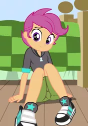 Size: 2200x3126 | Tagged: safe, artist:succubi samus, derpibooru import, scootaloo, equestria girls, bed, bedroom, clothes, cute, cutealoo, female, frown, hoodie, knees pressed together, looking at you, show accurate, smiley face, solo, tennis shoes
