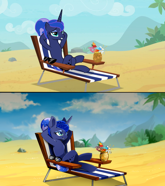 Size: 1364x1536 | Tagged: safe, artist:skyeypony, derpibooru import, screencap, princess luna, alicorn, pony, between dark and dawn, alternate hairstyle, barehoof, beach, beach chair, crossed legs, eyeshadow, female, folded wings, hair bun, hooves behind head, lidded eyes, magic, makeup, mare, missing accessory, open mouth, reclining, relaxing, scene interpretation, solo, stupid sexy princess luna, sunglasses, telekinesis, we don't normally wear clothes, wings