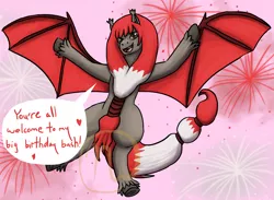 Size: 3000x2200 | Tagged: safe, artist:azurllinate, derpibooru import, oc, oc:maple frost kanata, unofficial characters only, pony, accessories, birthday, brown eyes, canada, canada day, celebration, cloven hooves, ear fluff, female, fireworks, flying, half-bat pony, half-earth pony, heart, inviting you, legs in air, long mane, long tail, mixed breed, open mouth, red hair, sharp teeth, speech, speech bubble, spread wings, talking, teeth, two toned mane, two toned tail, two toned wings, white hair, wings