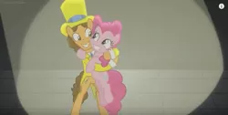 Size: 847x426 | Tagged: safe, derpibooru import, screencap, cheese sandwich, pinkie pie, earth pony, pony, the last laugh, cute, duo, female, hat, hug, male, mare, shipping fuel, smiling, spotlight, stallion, top hat