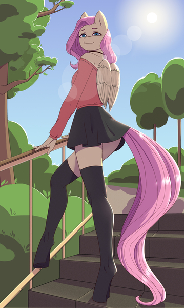 Size: 2400x4010 | Tagged: anthro, artist:pewas, blouse, clothes, derpibooru import, female, fluttershy, mare, miniskirt, outdoors, pegasus, safe, skirt, smiling, socks, solo, stockings, thigh highs, unguligrade anthro, zettai ryouiki