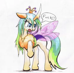 Size: 2276x2268 | Tagged: artist:oddwarg, changedling, changeling, changeling queen, derpibooru import, female, multicolored mane, purified chrysalis, quadrupedal, queen chrysalis, raised hoof, safe, simple background, solo, speech, speech bubble, swearing, talking, traditional art, vulgar, white background