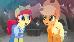 Size: 1369x770 | Tagged: safe, derpibooru import, screencap, applejack, torque wrench, earth pony, pony, rainbow roadtrip, atorqueable, cropped, cute, discovery family logo, duo, female, freckles, happy, jackabetes, kerchief, looking at each other, mare, neckerchief, open mouth, smiling