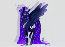 Size: 5000x3600 | Tagged: safe, artist:bubowl, derpibooru import, princess luna, alicorn, pony, alternate cutie mark, constellation, ethereal mane, female, galaxy mane, hair bun, hair over one eye, hairpin, hoof shoes, long mane, long tail, mare, raised hoof, redesign, signature, simple background, smiling, solo, white background