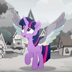 Size: 527x532 | Tagged: safe, derpibooru import, screencap, twilight sparkle, twilight sparkle (alicorn), alicorn, pony, rainbow roadtrip, cropped, excited, raised hoof, smiling, solo, wing bling
