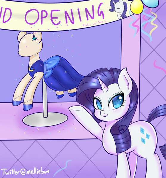 Size: 1300x1400 | Tagged: safe, artist:melliedraws, derpibooru import, rarity, pony, unicorn, balloon, banner, clothes, confetti, dress, female, grand opening, implied pinkie pie, mannequin, mare, solo