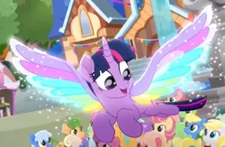 Size: 1125x735 | Tagged: safe, derpibooru import, screencap, kersplash, twilight sparkle, twilight sparkle (alicorn), unnamed character, unnamed pony, alicorn, earth pony, pony, rainbow roadtrip, background pony, bow, cropped, crowd, cute, female, flying, hair bow, mane bow, mare, open mouth, solo focus, spread wings, twiabetes, wing bling, wings