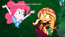 Size: 1366x768 | Tagged: safe, derpibooru import, screencap, pinkie pie, sunset shimmer, equestria girls, equestria girls series, sunset's backstage pass!, spoiler:eqg series (season 2), bush, geode of empathy, geode of sugar bombs, magical geodes, scared, shrunken pupils, surprised